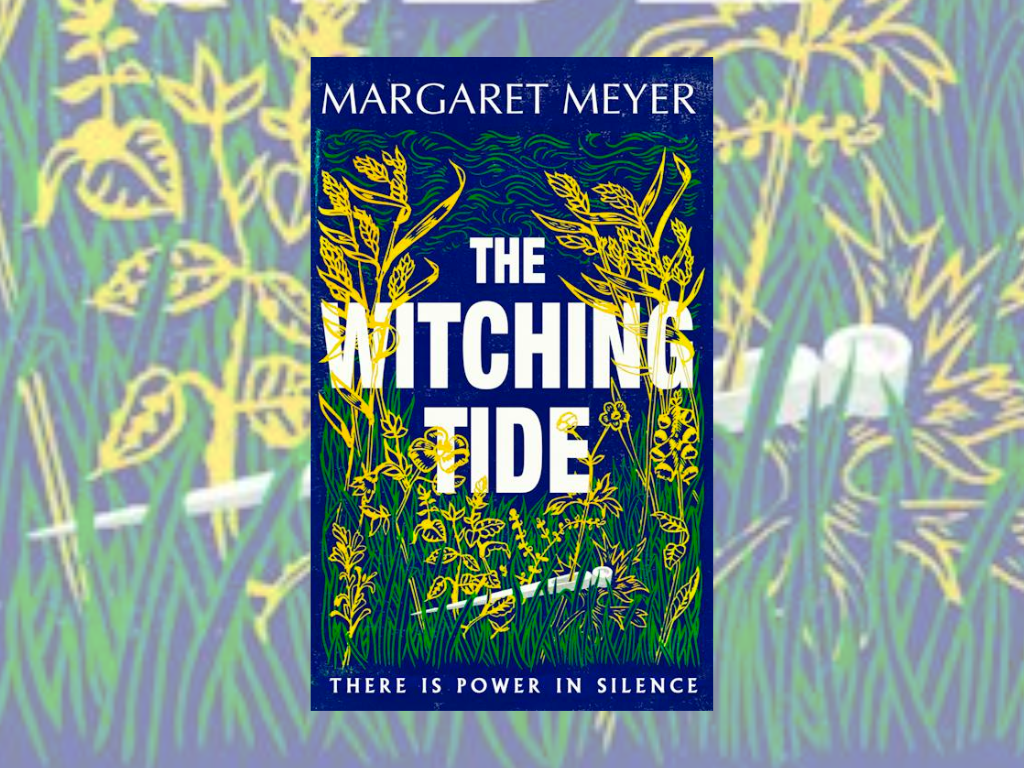 The Witching Tide by Margaret Meyer is a midnight blue cover with an illustration of a witchfinder's pricking stick hidden in a field of yellow flowers