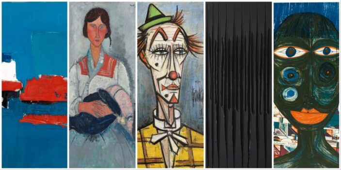 Collage of artists such as Nicolas De Staël, Pierre Soulage, friedensreich hundertwasser, and others.