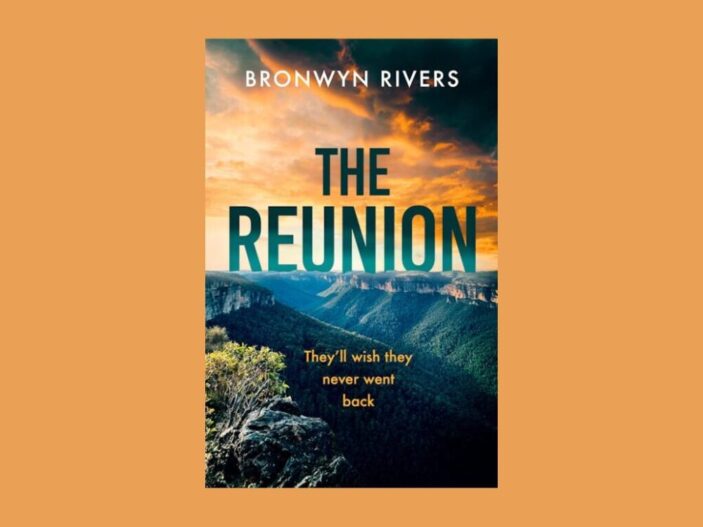 The cover of The Reunion by Bronwyn Rivers shows a vista of a national park with an ominous red and orange tinged sky