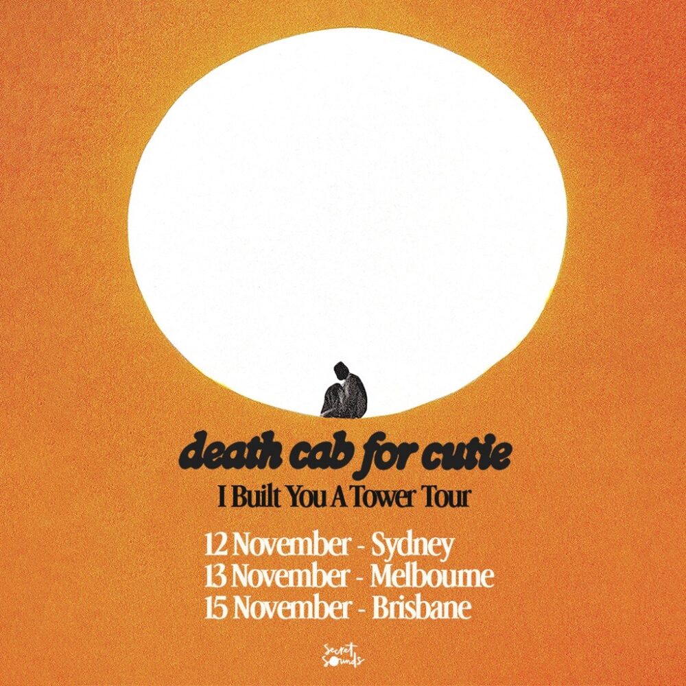 Death Cab for Cutie tour poster with artwork from their new album. A burnt orange background with the silhouette of a person sat against the backdrop of a moon